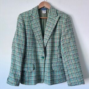 VTG Austin Reed Sz 10 Officecore Wool Tweed Blazer Green Colorful‎ Careerwear
